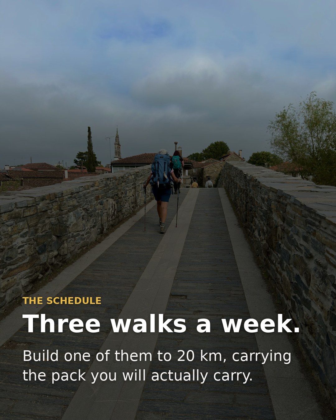 Three walks a week, building one of them to 20 km carrying the pack you will actually carry.