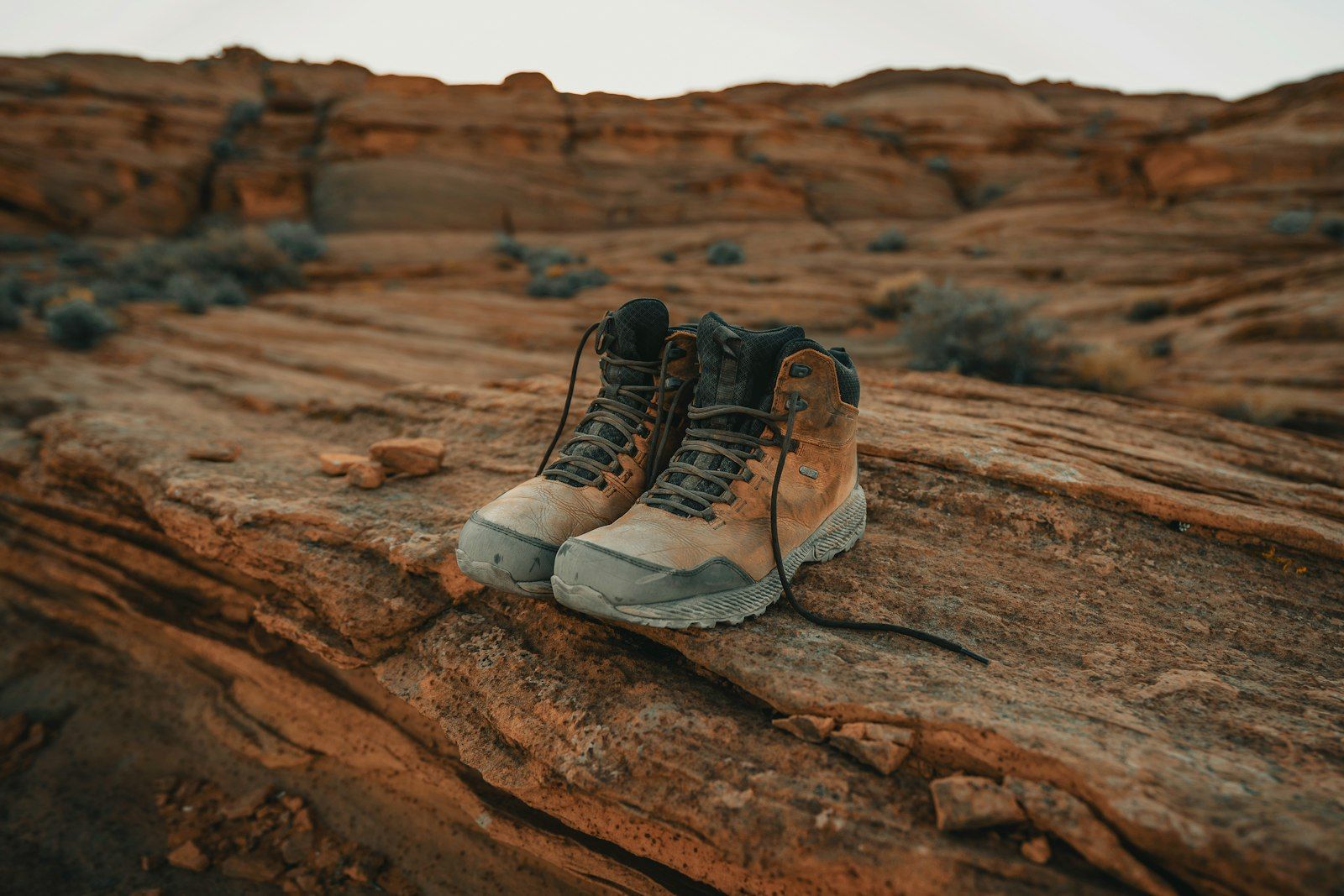Well-worn leather walking boots — broken in long before the Camino