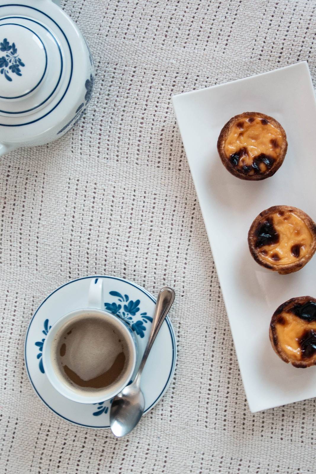 Pastel de nata custard tarts on a plate beside a cup of coffee, seen from above