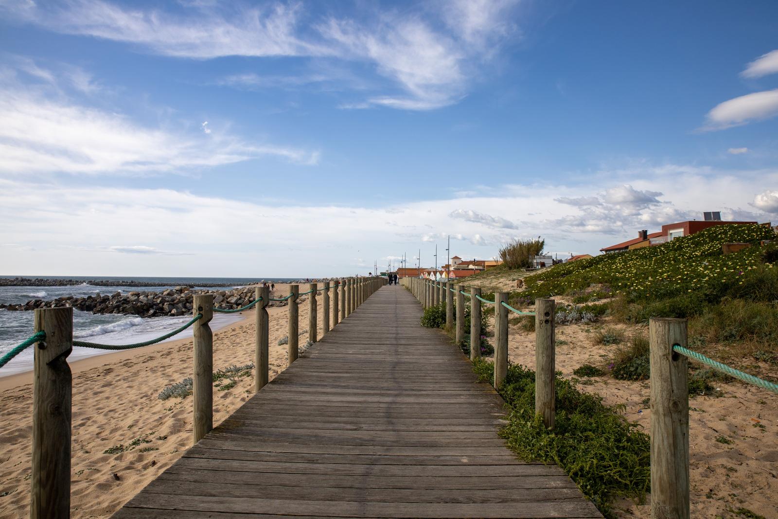 Wooden boardwalk winding through green dunes toward the Atlantic at Lavra beach near Porto