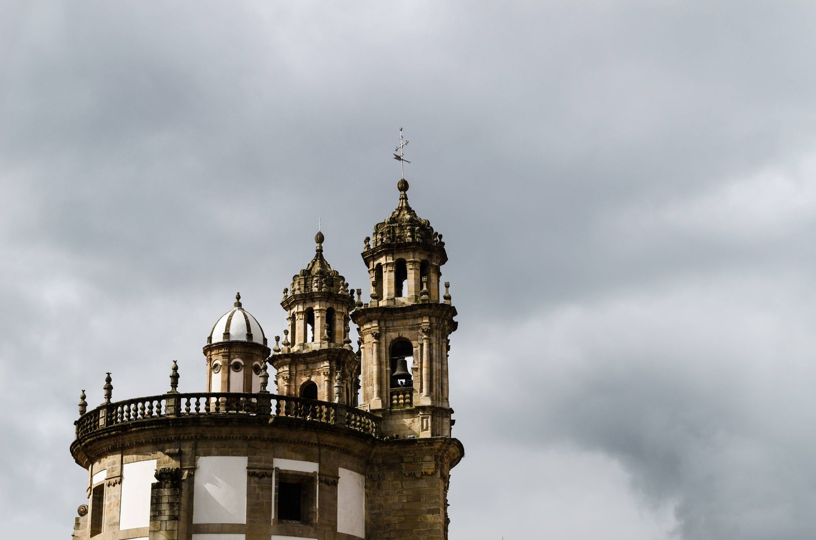 Curved baroque facade and towers of the Virxe Peregrina pilgrim chapel in Pontevedra old town