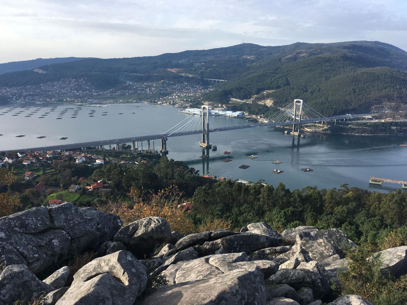 Elevated view over the blue Ria de Vigo estuary and Rande bridge framed by green hills